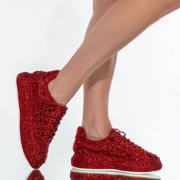 AZALEA WANG Shoes - AZALEA WANG BLINGED OUT FLAT SNEAKER IN RED